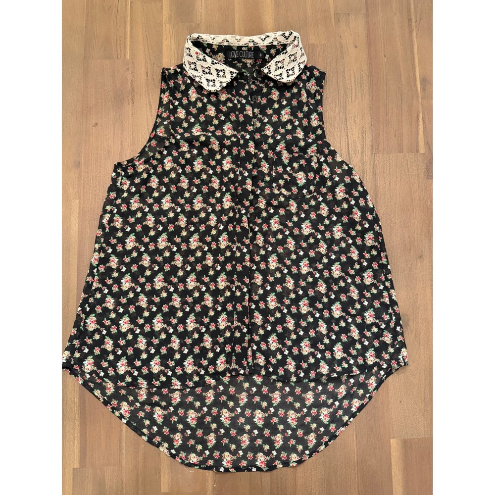 Cottagecore Sheer Black Floral Lace Collar Sleeveless Blouse Women's‎ Size